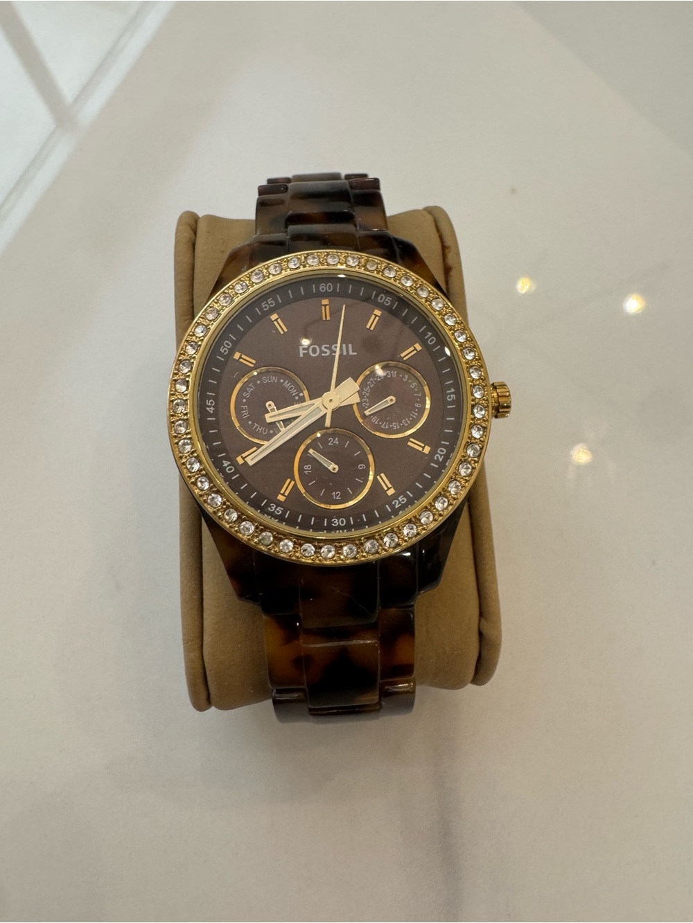 Fossil Tortoiseshell and Gold-Tone Crystal Bezel Watch